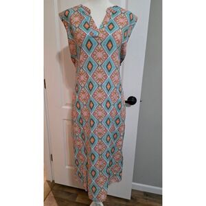 Like Love Womens 1X Blue Pink Geometric Diamond Print Midi Dress V-Neck Back Tie